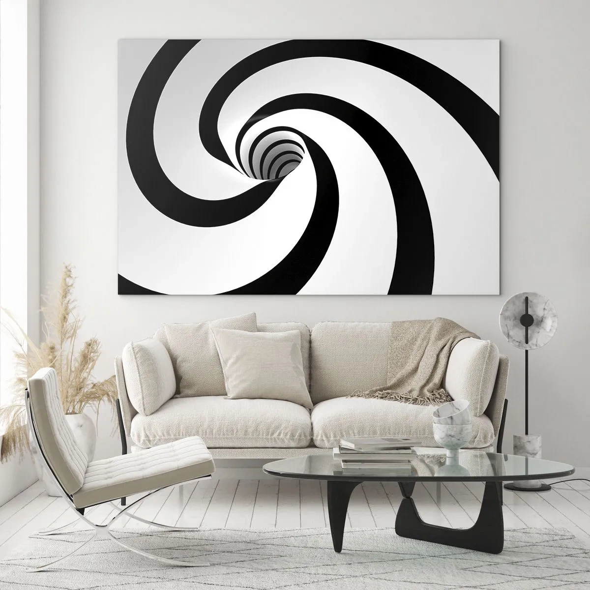 Quadro su vetro - Motivo a spirale ipnotico in bianco e nero - 70x50cm - Lasciarsi andare al vortice? - Decorazione murale moderna per soggiorno e camera da letto ARTTOR
