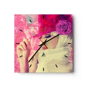 Orologio da parete - Orologio in Vetro - Donna elegante con un cappello rosa con un fiore - 30x30cm - Ritratto retro nei vapori di rosa - Decorazione murale moderna per soggiorno e camera da letto ARTTOR
