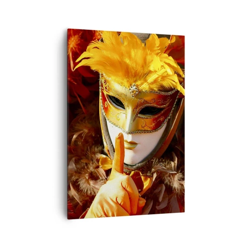 Quadro su tela - Stampe su Tela - Maschera di Carnevale nei toni dell'oro e dell'arancione - 70x100cm - Il mistero è parte del gioco - Decorazione murale moderna per soggiorno e camera da letto ARTTOR