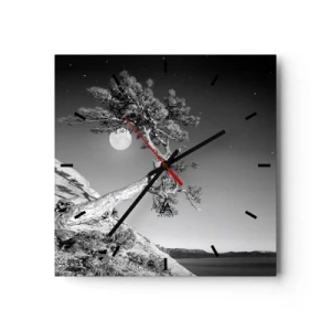 Orologio da parete - Orologio in Vetro - Albero bianco e nero su una scogliera con la luna sullo sfondo - 30x30cm - Guerriera vittoriosa  - Decorazione murale moderna per soggiorno e camera da letto ARTTOR