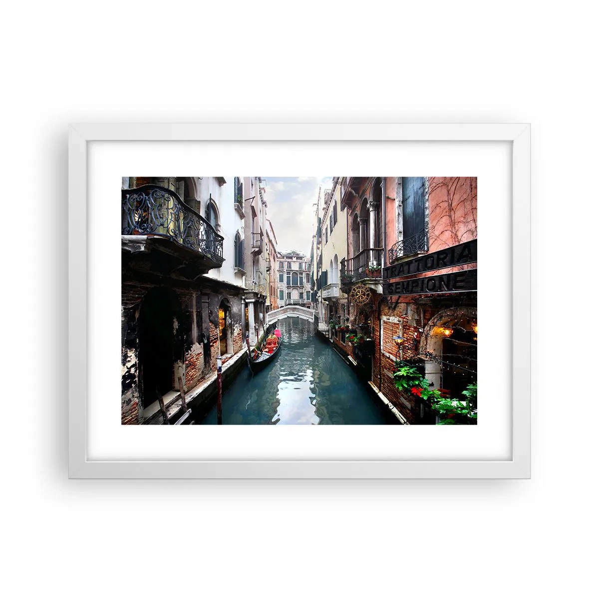 Poster in cornice bianca - Paesaggio veneziano con gondola e ponte - 40x30 cm