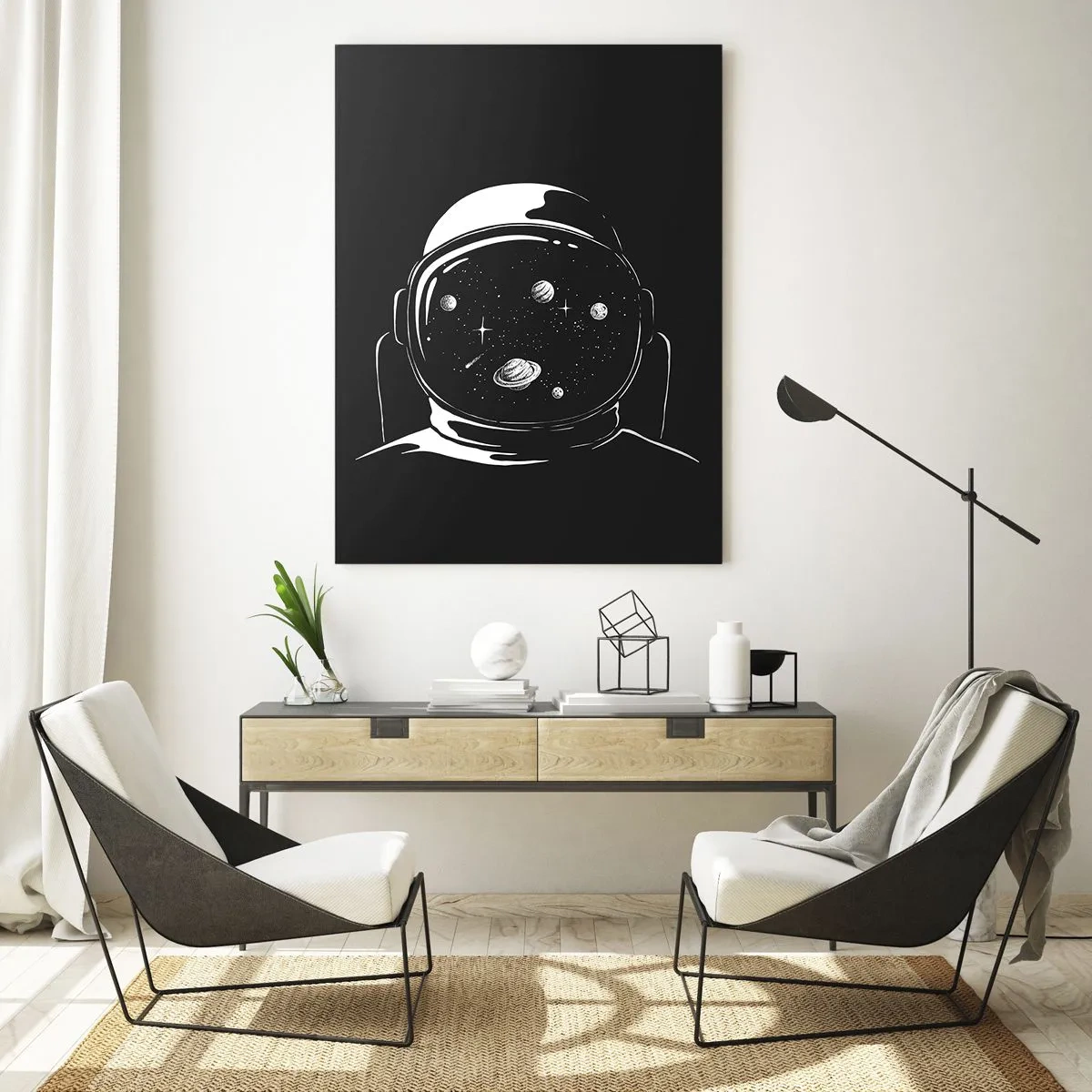 Quadro su vetro - Astronauta con stelle e pianeti nel suo casco su sfondo nero - 50x70cm - Panorama niente male - Decorazione murale moderna per soggiorno e camera da letto ARTTOR