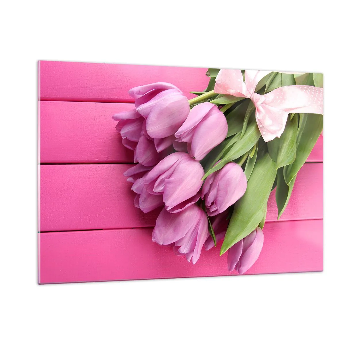 Quadro su vetro - Un mazzo di tulipani rosa su uno sfondo di legno - 120x80cm - Proprio per te - Decorazione murale moderna per soggiorno e camera da letto ARTTOR
