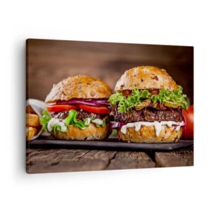 Quadro su tela - Stampe su Tela - Appetitosi hamburger con verdure e salsa - 70x50cm - American dream - Decorazione murale moderna per soggiorno e camera da letto ARTTOR