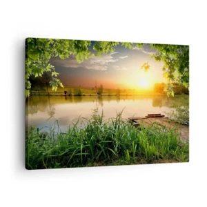 Quadro su tela - Stampe su Tela - Paesaggio verde con un lago al tramonto - 70x50cm - Paesaggio incorniciato di verde - Decorazione murale moderna per soggiorno e camera da letto ARTTOR