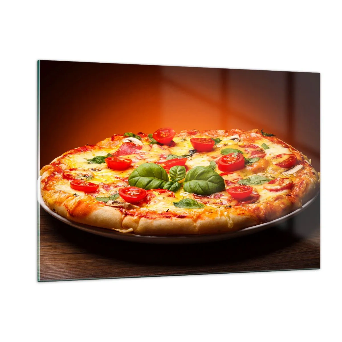 Quadro su vetro - Pizza con pomodori, basilico e formaggio fuso - 120x80cm - Mamma mia! - Decorazione murale moderna per soggiorno e camera da letto ARTTOR