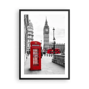 Poster in cornice nera - Una cabina telefonica rossa con il Big Ben e un autobus sullo sfondo. - 50x70cm - Indubbiamente Londra - Decorazione murale moderna per soggiorno e camera da letto ARTTOR