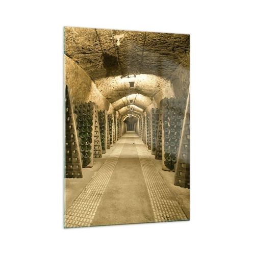 Quadro su vetro - Una cantina con bottiglie di vino invecchiate in file - 50x70cm - Nascita del sapore - Decorazione murale moderna per soggiorno e camera da letto ARTTOR