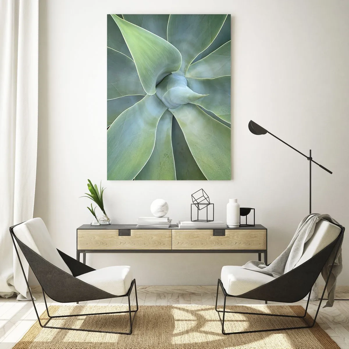 Quadro su vetro - Macrofotografia di una pianta verde con foglie a spirale - 50x70cm - La nascita del verde - Decorazione murale moderna per soggiorno e camera da letto ARTTOR