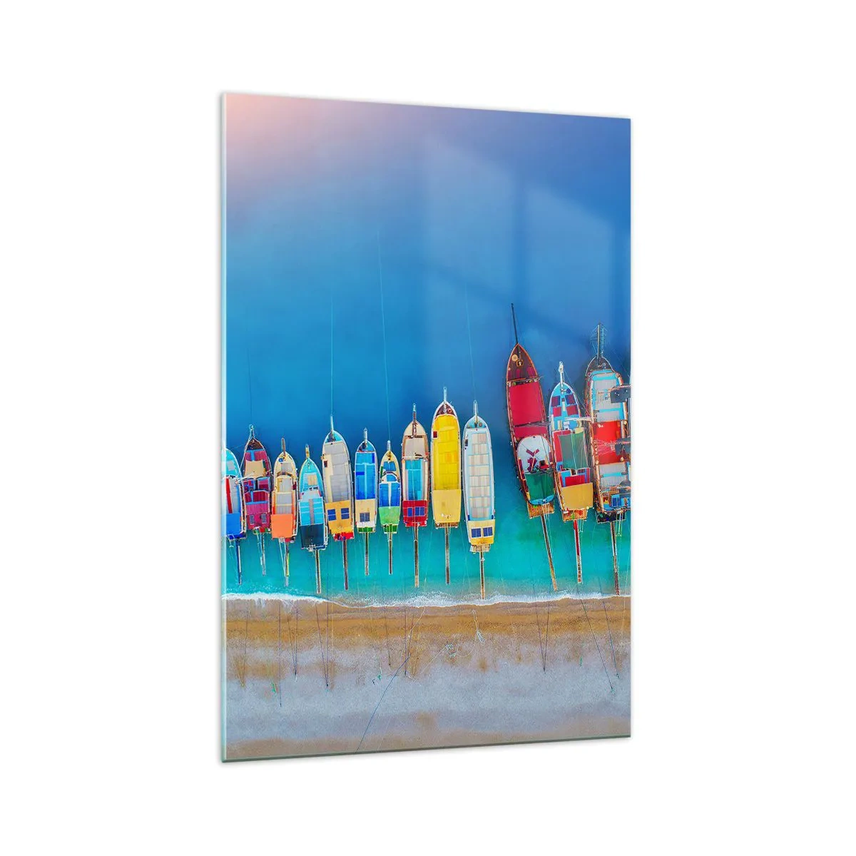 Quadro su vetro - Barche colorate allineate in fila sulla riva - 70x100cm - A volo d'uccello - Decorazione murale moderna per soggiorno e camera da letto ARTTOR