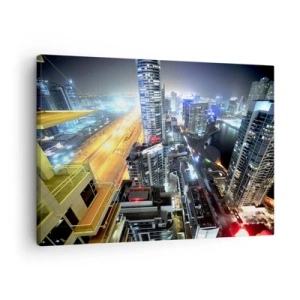 Quadro su tela - Stampe su Tela - Panorama della città notturna con grattacieli illuminati - 70x50cm - Miracolo nel deserto - Decorazione murale moderna per soggiorno e camera da letto ARTTOR