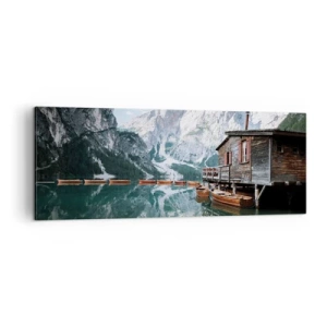 Quadro su tela - Stampe su Tela - Una casetta di legno vicino a un tranquillo lago di montagna - 140x50cm - Mattina cristallina sui monti - Decorazione murale moderna per soggiorno e camera da letto ARTTOR