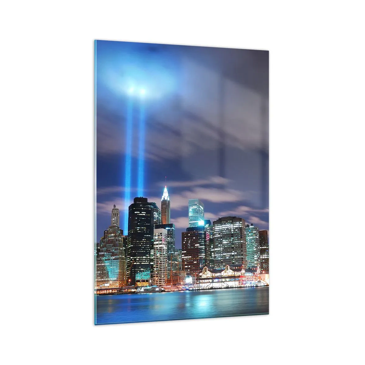 Quadro su vetro - Panorama notturno della città con due fasci di luce luminosi nel cielo - 70x100cm - Toccare il cielo con la luce - Decorazione murale moderna per soggiorno e camera da letto ARTTOR