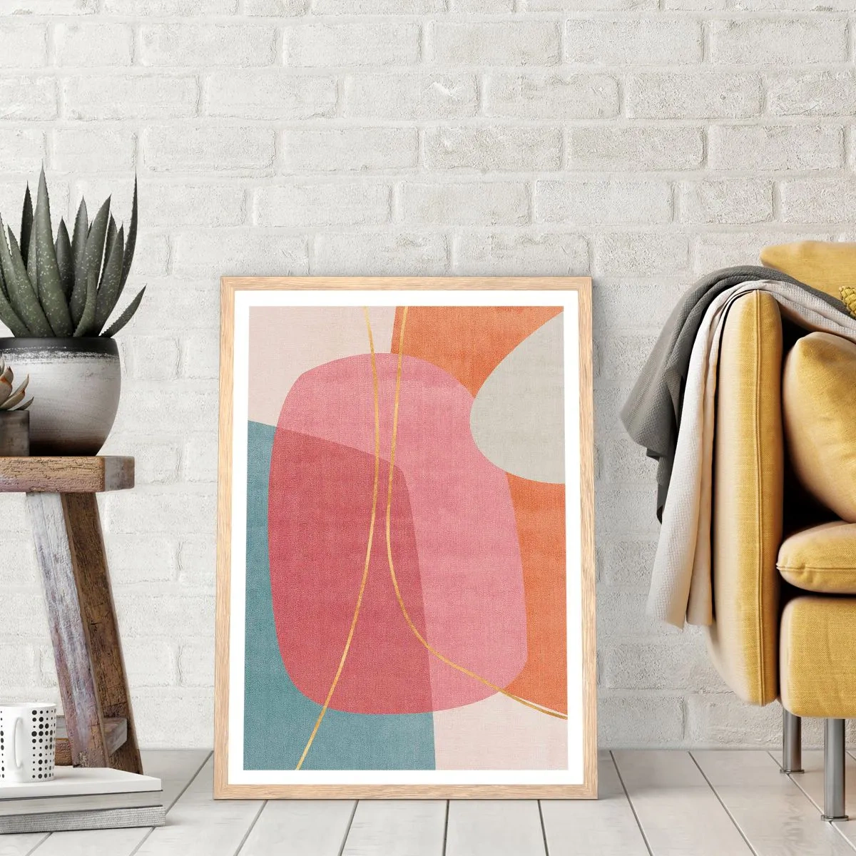 Poster in cornice rovere chiaro - Composizione pastello con filo dorato - 50x70 cm