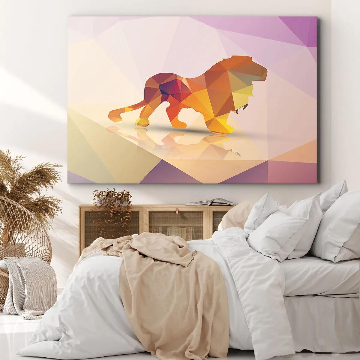 Quadro su tela - Stampe su Tela - Silhouette geometrica di un leone nei toni del giallo e dell'arancione - 100x70cm - Il re di diamante - Decorazione murale moderna per soggiorno e camera da letto ARTTOR