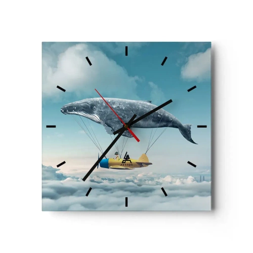 Orologio da parete - Orologio in Vetro - Una balena volante trasporta un aereo in un'ambientazione surreale. - 30x30cm - Perché no? - Decorazione murale moderna per soggiorno e camera da letto ARTTOR