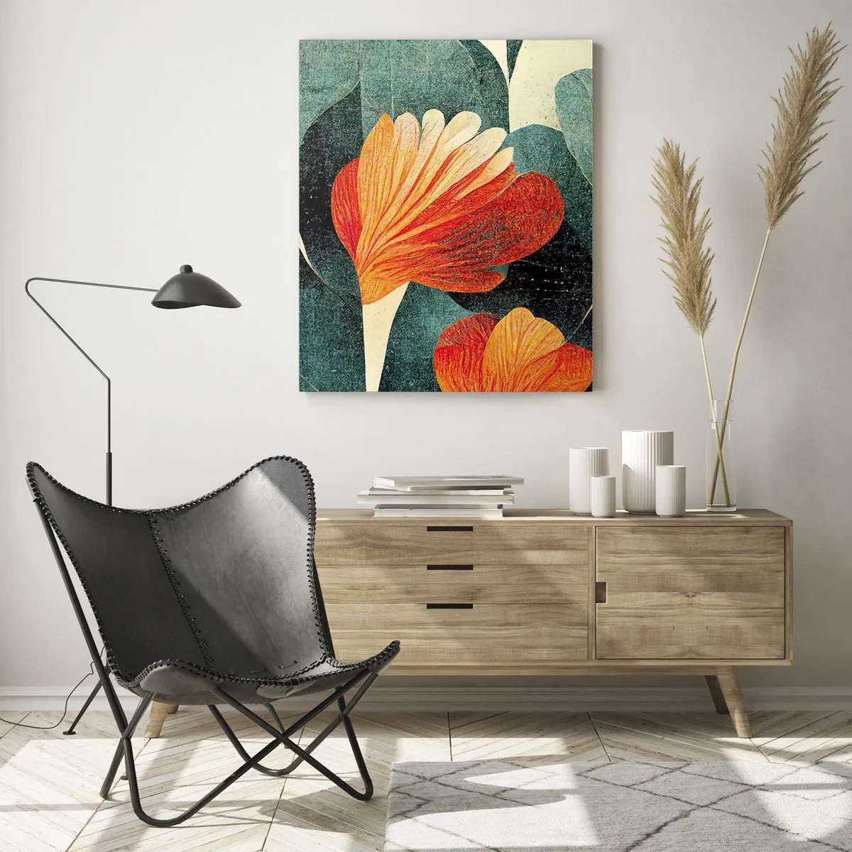 Quadro su vetro - Fiori dalle intense tonalità di arancione e verde - 70x100cm - Caldo dei tropici e fresco del verde - Decorazione murale moderna per soggiorno e camera da letto ARTTOR