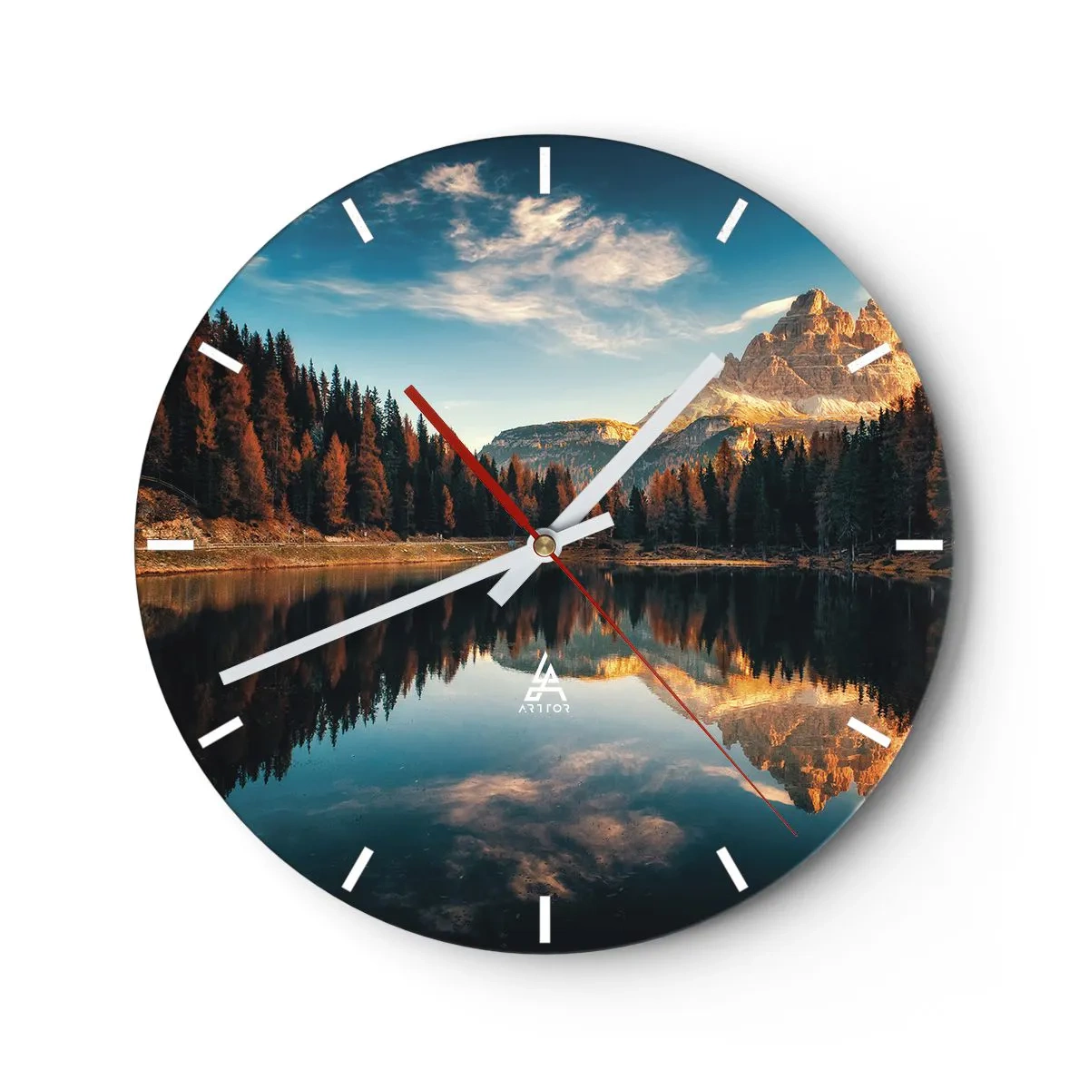 Orologio da parete - Orologio in Vetro - Paesaggio montano con riflesso nel lago - 30x30cm - Paesaggio doppio - Decorazione murale moderna per soggiorno, cucina e camera da letto ARTTOR