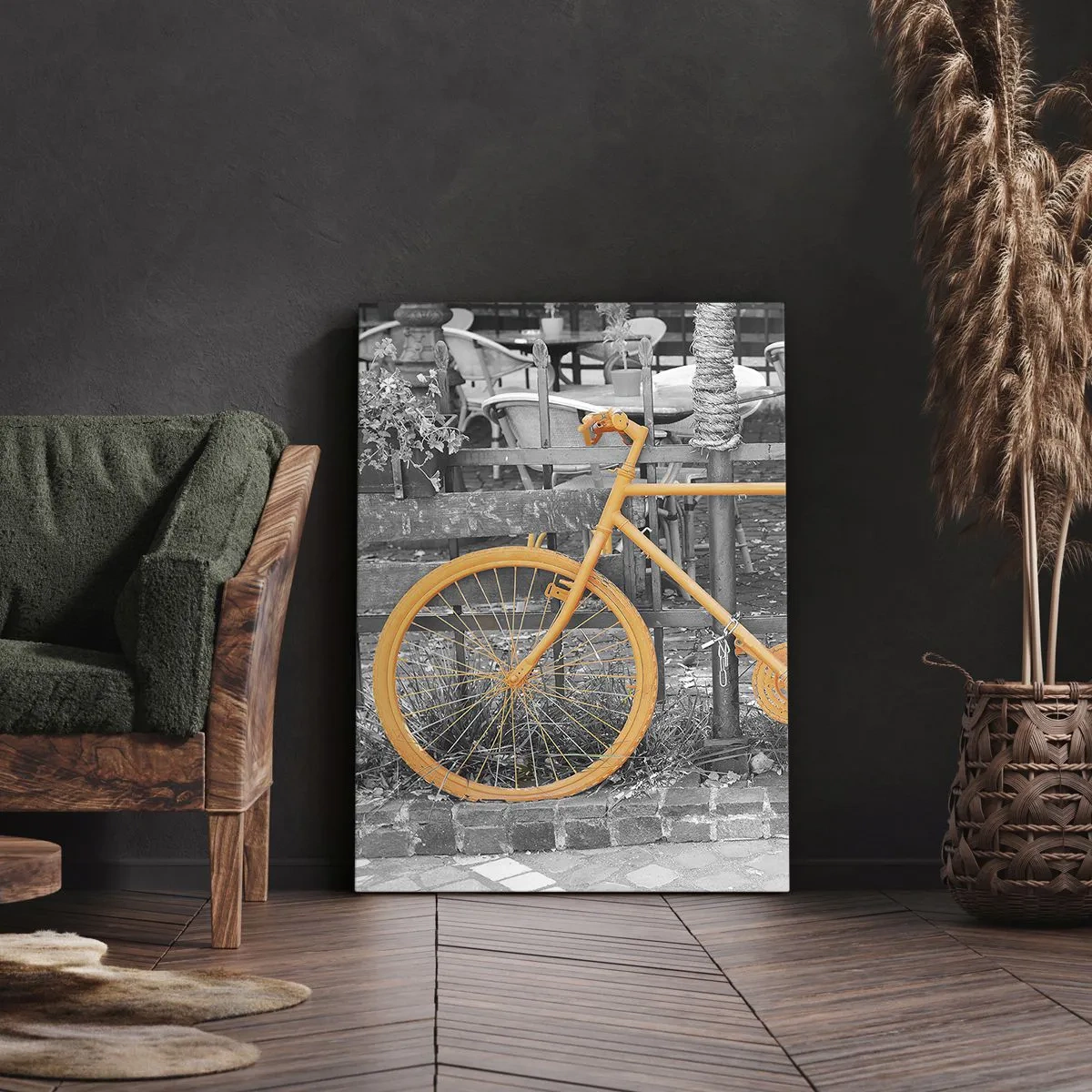 Quadro su tela - Stampe su Tela - Fotografia artistica di una bicicletta gialla su uno sfondo bianco e nero - 80x120cm - Vai, ti aspetto qui - Decorazione murale moderna per soggiorno e camera da letto ARTTOR
