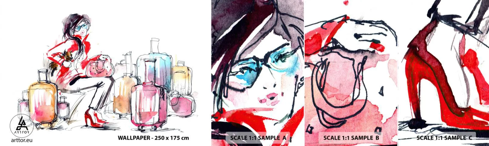 Campione Di Fotomurale Standard Eco - Sediamoci prima del viaggio - Donna, Viaggio, Valigia - 100x30 cm