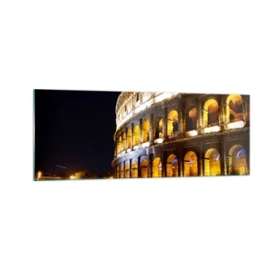 Quadro su vetro - Il Colosseo illuminato dalle luci di notte a Roma - 140x50cm - È tempo di iniziare i giochi - Decorazione murale moderna per soggiorno e camera da letto ARTTOR