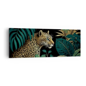 Quadro su tela - Stampe su Tela - Leopardo tra foglie tropicali su sfondo nero - 140x50cm - Il signore della giungla - Decorazione murale moderna per soggiorno e camera da letto ARTTOR