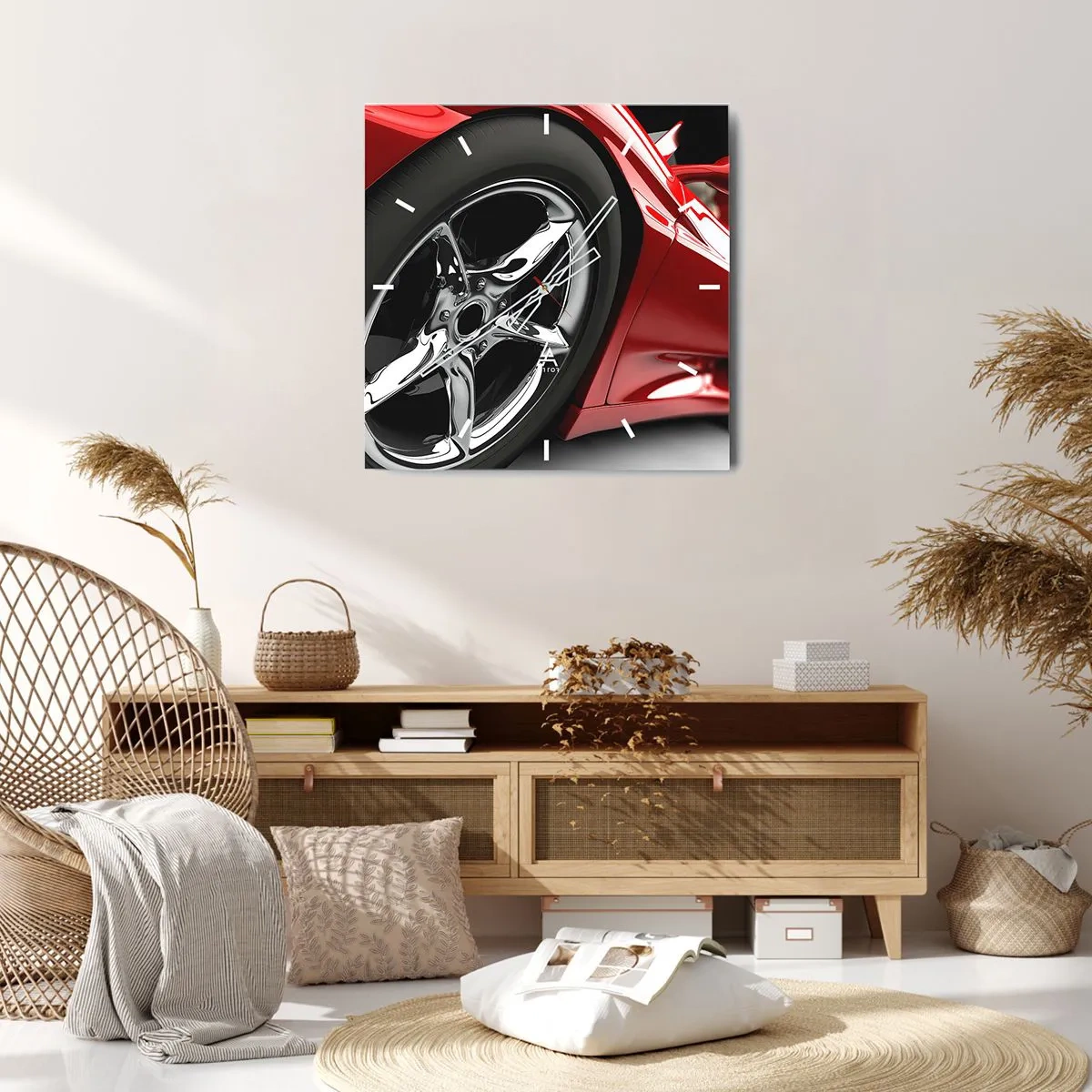 Orologio da parete - Orologio in Vetro - Auto sportiva rossa con cerchi cromati - 30x30cm - Fatta per la velocità - Decorazione murale moderna per soggiorno e camera da letto ARTTOR
