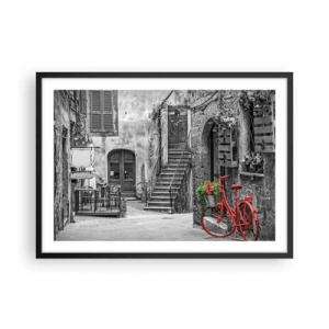 Poster in cornice nera - Una bicicletta rossa in una strada bianca e nera - 70x50cm - Angolo toscano - Decorazione murale moderna per soggiorno e camera da letto ARTTOR