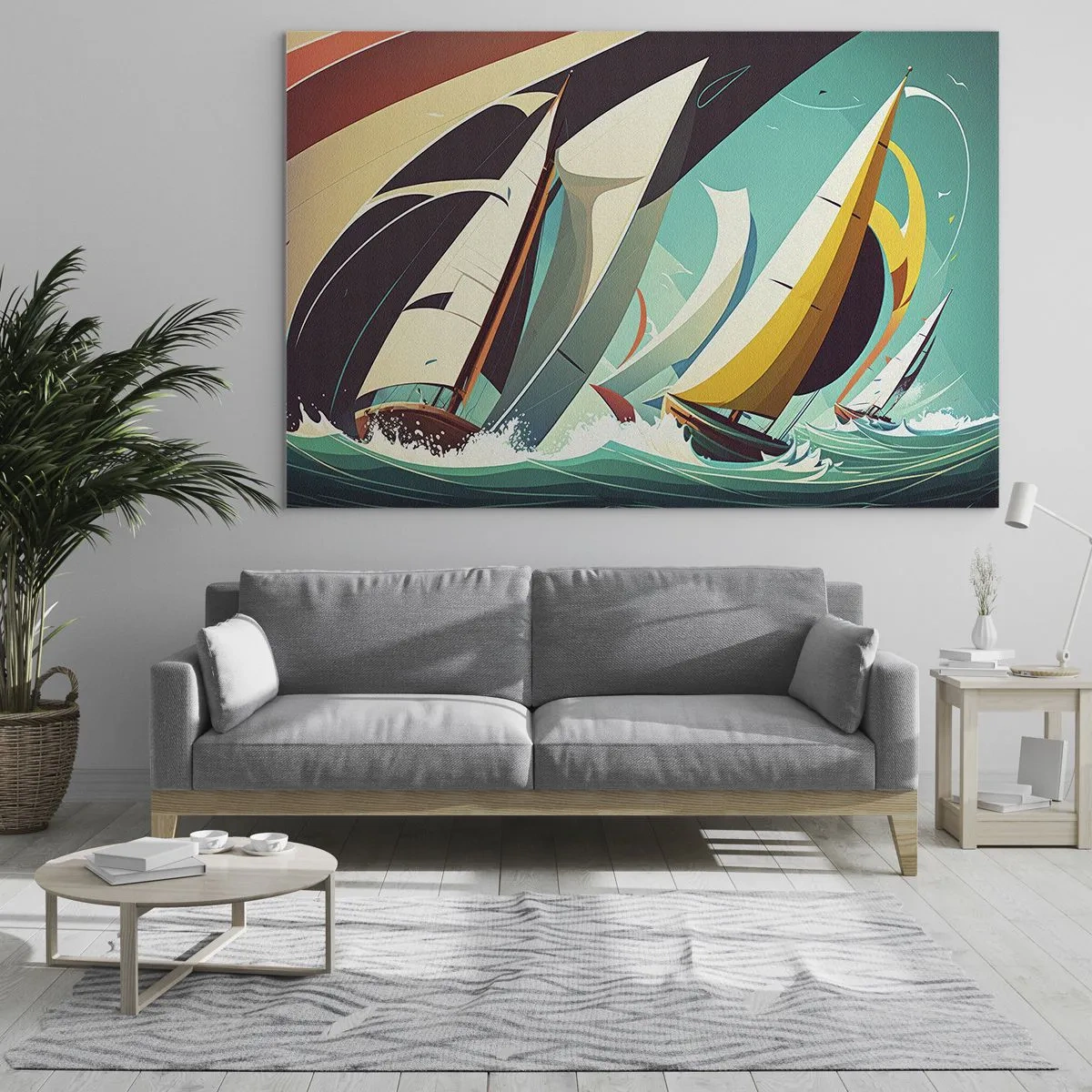 Quadro su vetro - Illustrazione in stile retrò di barche a vela in un mare in tempesta - 100x70cm - Compagne degli elementi - Decorazione murale moderna per soggiorno e camera da letto ARTTOR