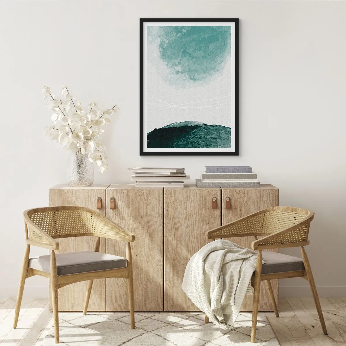 Poster in cornice nera - Paesaggio astratto nei toni del verde e del bianco - 50x70cm - Incontro con la nebbia - Decorazione murale moderna per soggiorno e camera da letto ARTTOR