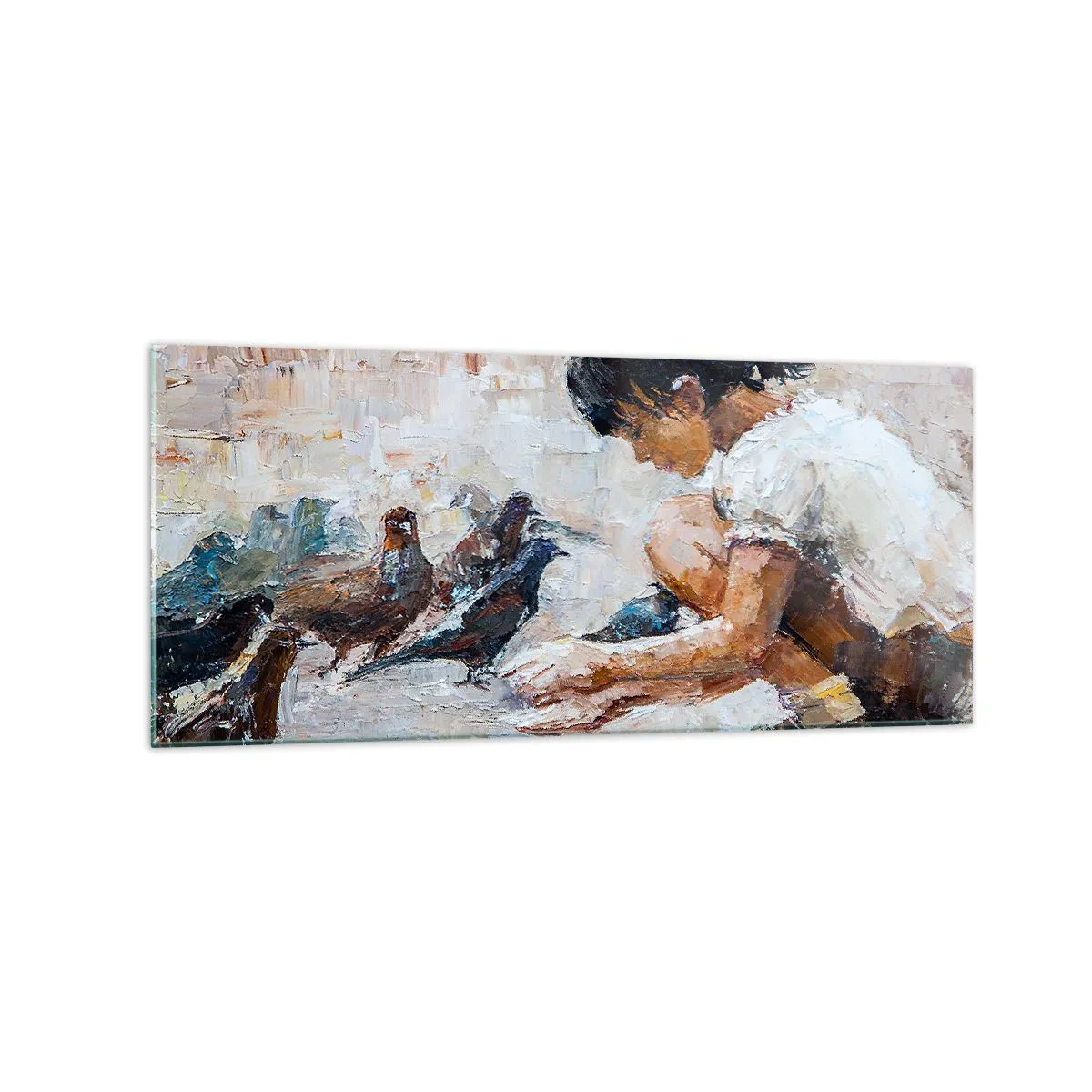 Quadro su vetro - Una ragazza che dà da mangiare agli uccelli in stile pittorico - 120x50cm - Piccoli e gentili - Decorazione murale moderna per soggiorno e camera da letto ARTTOR