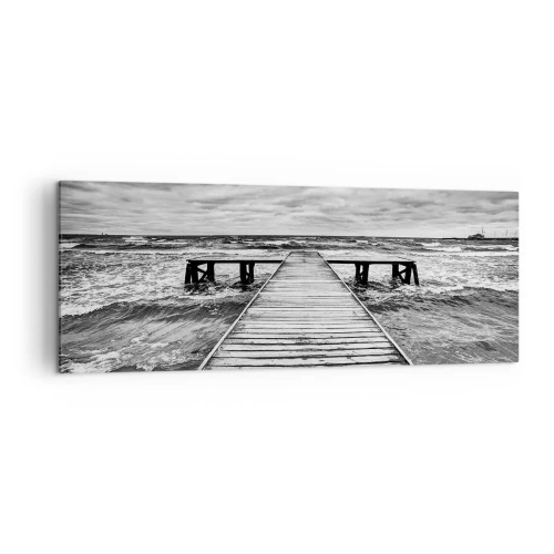 Quadro su tela - Stampe su Tela - Una vista in bianco e nero di un molo di legno su un mare in tempesta. - 140x50cm - Aspetto che il vento le scacci via... - Decorazione murale moderna per soggiorno e camera da letto ARTTOR