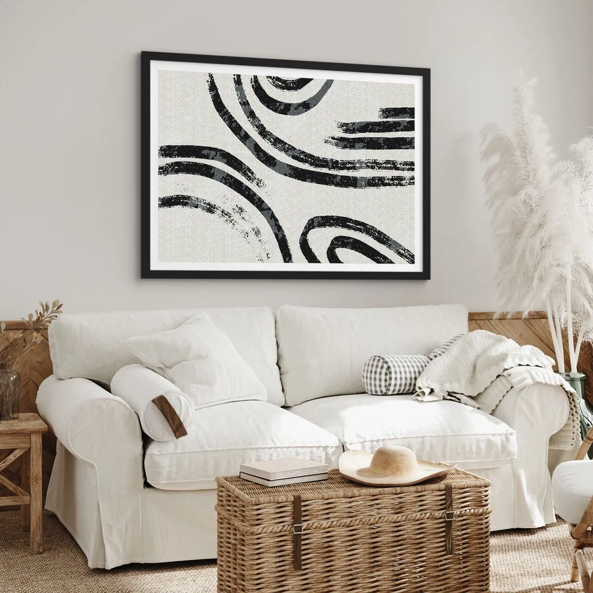 Poster in cornice nera - Linee astratte in bianco e nero su uno sfondo chiaro - 70x50cm - Interrotto a metà - Decorazione murale moderna per soggiorno e camera da letto ARTTOR