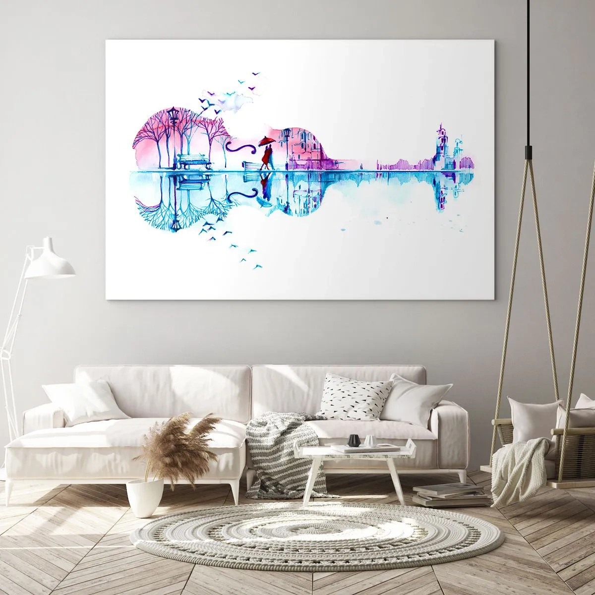 Quadro su vetro - Un paesaggio a forma di chitarra in stile acquerello - 70x50cm - Vi porto un cantico di pioggia - Decorazione murale moderna per soggiorno e camera da letto ARTTOR