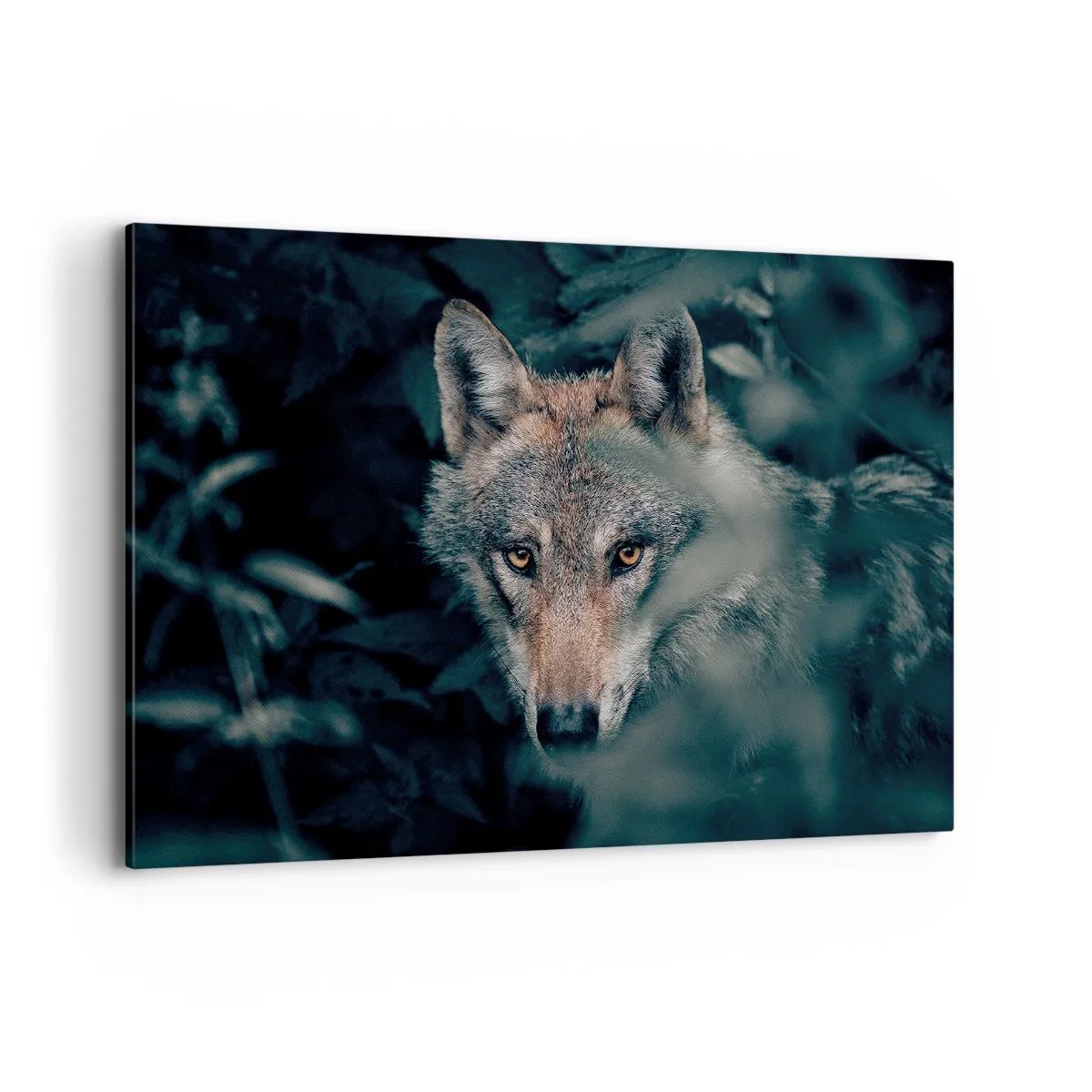 Quadro su tela - Stampe su Tela - Un lupo nel suo ambiente naturale, che osserva dalle profondità della foresta. - 120x80cm - Cacciatore - Decorazione murale moderna per soggiorno e camera da letto ARTTOR