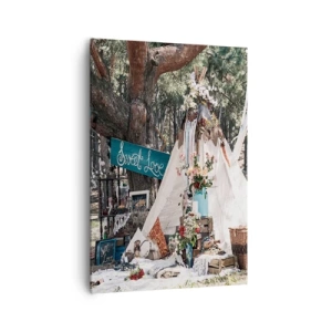 Quadro su tela - Stampe su Tela - Decorazione boho con un teepee nella foresta - 70x100cm - Make love... - Decorazione murale moderna per soggiorno e camera da letto ARTTOR