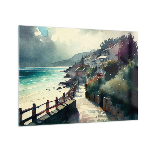 Quadro su vetro - Un lungomare con case colorate e acqua - 70x50cm - Cittadina mediterranea - Decorazione murale moderna per soggiorno e camera da letto ARTTOR