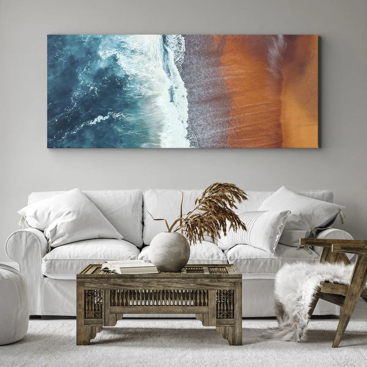 Quadro su tela - Stampe su Tela - Una vista delle onde dell'oceano che si infrangono sulla spiaggia dorata - 160x50cm - Il tocco dell'oceano - Decorazione murale moderna per soggiorno e camera da letto ARTTOR