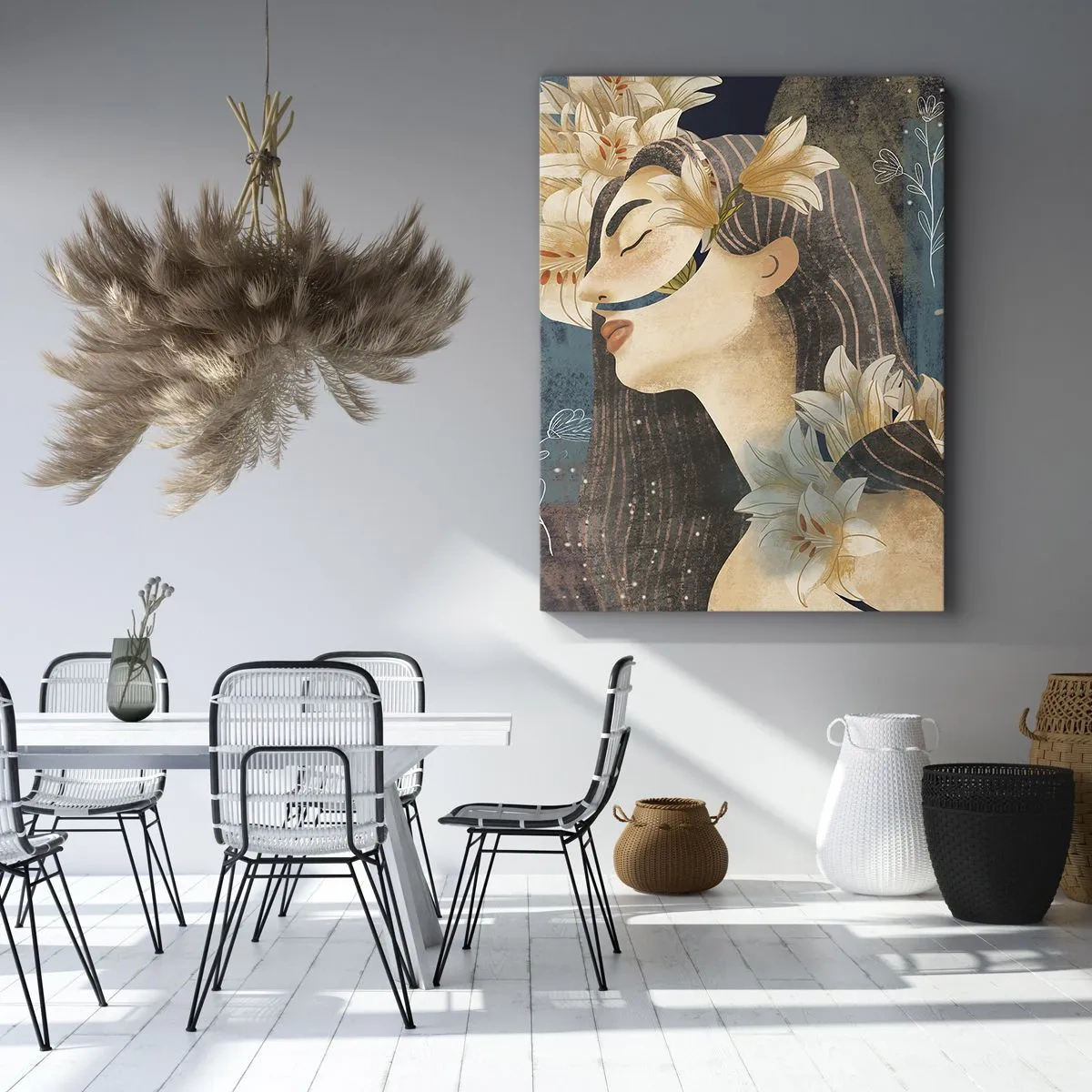 Quadro su tela - Stampe su Tela - Ritratto di una donna con fiori in stile artistico su sfondo scuro - 50x70cm - La favola della principessa con i gigli - Decorazione murale moderna per soggiorno e camera da letto ARTTOR