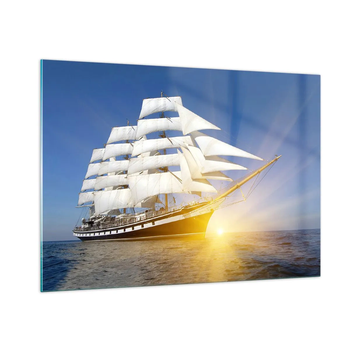 Quadro su vetro - Una nave a vela illuminata dai raggi del sole in mare aperto - 100x70cm - Il loro tempo non passa mai - Decorazione murale moderna per soggiorno e camera da letto ARTTOR