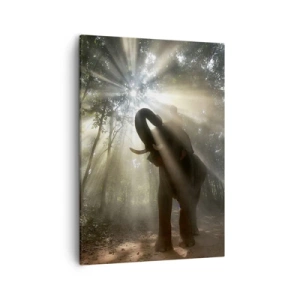Quadro su tela - Stampe su Tela - Un elefante nella foresta circondato da raggi di luce nella nebbia mattutina - 50x70cm - Sotto una stella fortunata - Decorazione murale moderna per soggiorno e camera da letto ARTTOR