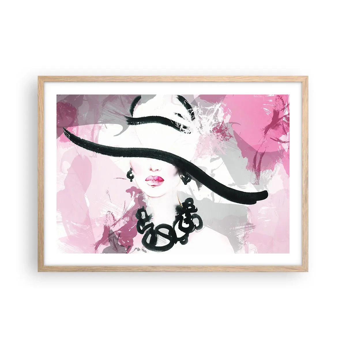 Poster in cornice rovere chiaro - Ritratto di donna in nero e rosa - 70x50 cm