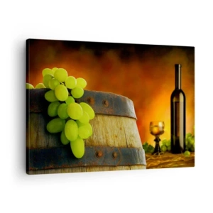Quadro su tela - Stampe su Tela - Uva su una botte di vino con uno schema di colori caldi sullo sfondo - 70x50cm - Natura morta con bottiglia di vino e acini d'uva - Decorazione murale moderna per soggiorno e camera da letto ARTTOR