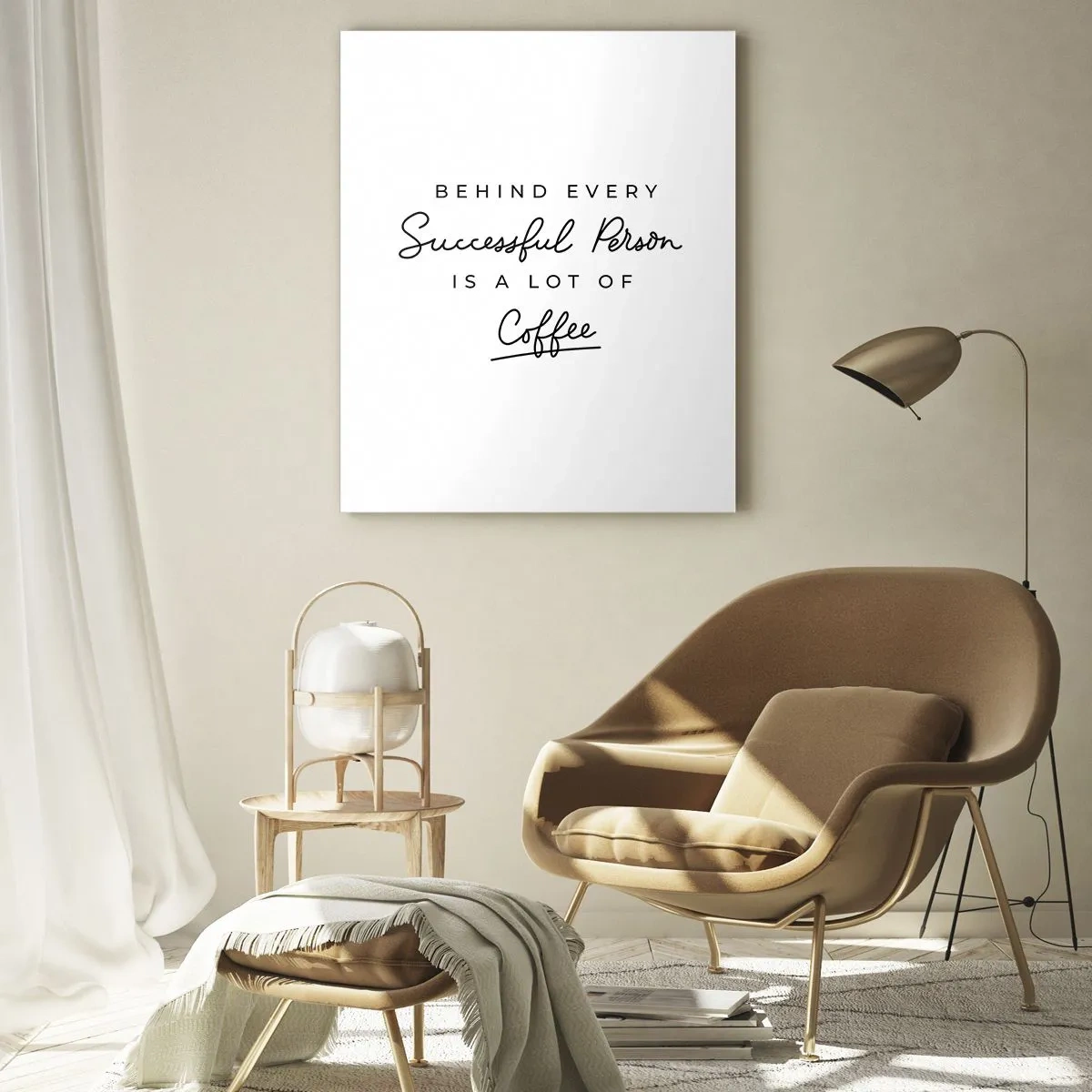 Quadro su vetro - Una citazione minimalista sul successo e sul caffè su sfondo bianco. - 70x100cm - Il segreto del successo - Decorazione murale moderna per soggiorno e camera da letto ARTTOR