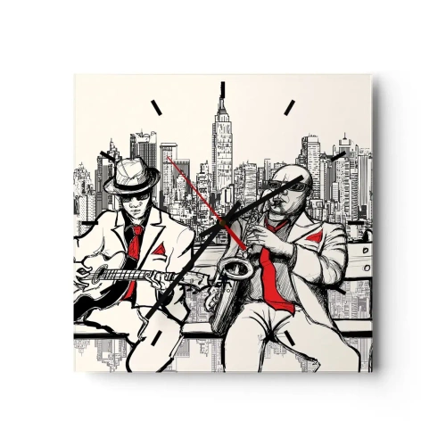 Orologio da parete - Orologio in Vetro - Un duo jazz con sassofono e chitarra sullo sfondo della città - 30x30cm - Improvvisare a New York - Decorazione murale moderna per soggiorno e camera da letto ARTTOR