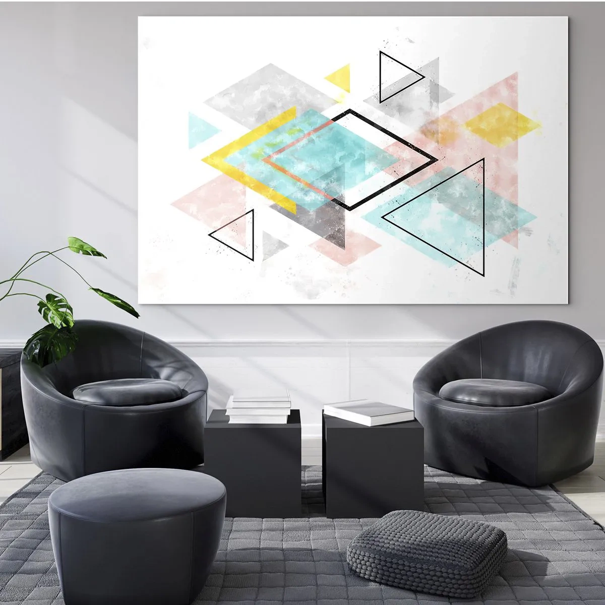 Quadro su vetro - Forme geometriche colorate su sfondo bianco in stile astratto - 70x50cm - Gioco geometrico - Decorazione murale moderna per soggiorno e camera da letto ARTTOR