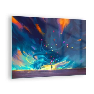 Quadro su vetro - Una persona che tiene in mano dei palloncini colorati su uno sfondo di vento blu. - 70x50cm - Sul vento blu - Decorazione murale moderna per soggiorno e camera da letto ARTTOR