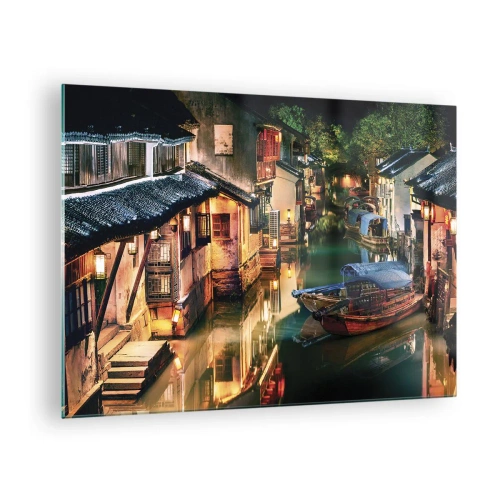 Quadro su vetro - Strada cinese di notte con barche e luci lungo il canale - 70x50cm - Sera in una via cinese - Decorazione murale moderna per soggiorno e camera da letto ARTTOR