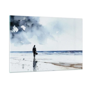 Quadro su vetro - Silhouette di una persona in riva al mare in delicato acquerello - 120x80cm - Dialogo con il mare - Decorazione murale moderna per soggiorno e camera da letto ARTTOR
