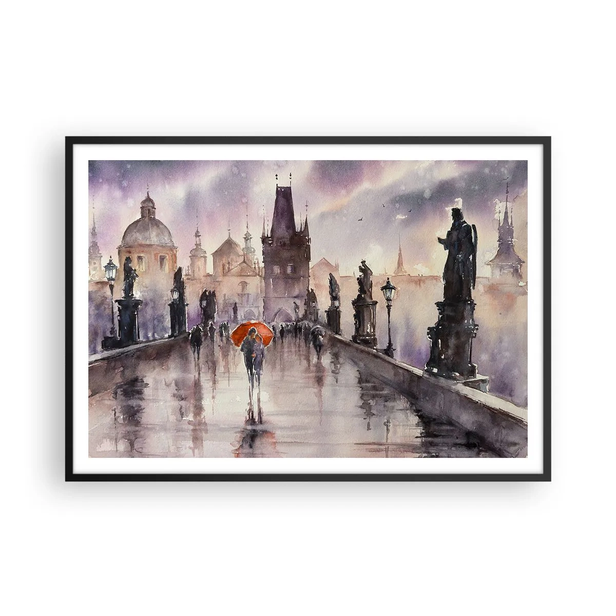 Poster in cornice nera - Vista romantica di un ponte con un ombrello sullo sfondo di una città serale - 100x70cm - Le persone non cambiano - Decorazione murale moderna per soggiorno e camera da letto ARTTOR